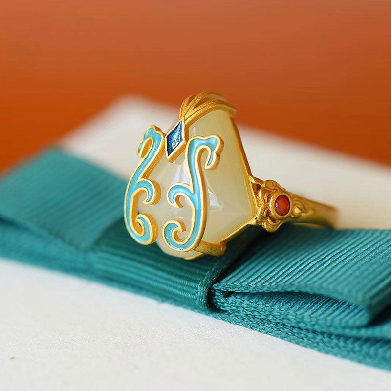 New  Chinese Retro Enamel Ring Inlaid With Hetian Jade Unique Aventurous Craftsmanship, Adjustable Opening For Women