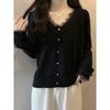 Black V-neck Fall and Winter Underwear Long Sleeved Top Lace