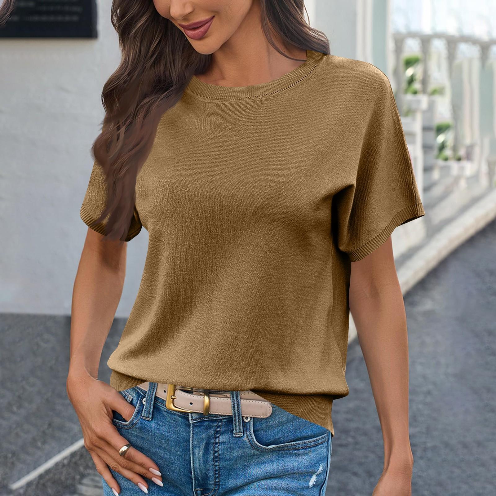 

Women s Plain-colored Round-neck Short-sleeved Thin Knitted Sweater S хакі