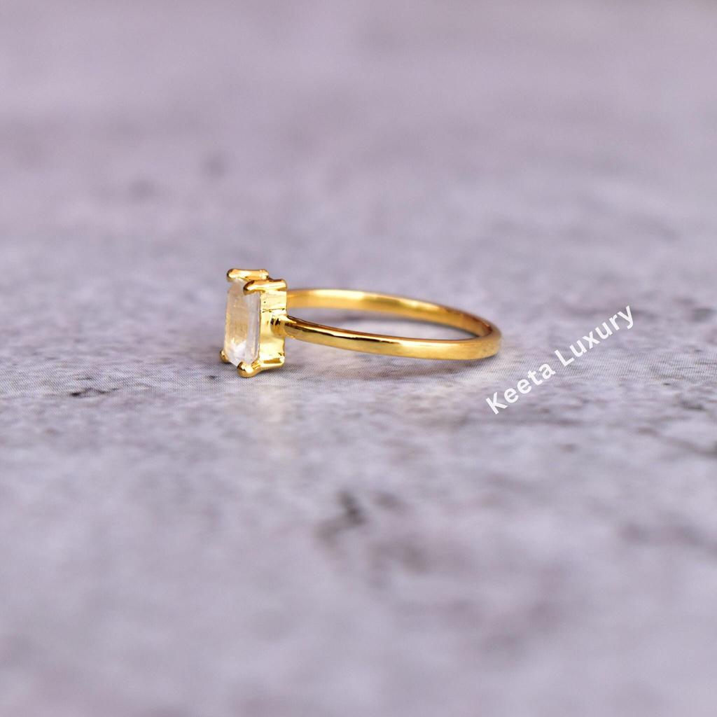 Natural Moonstone Minimalist Ring , Mothers Day Gift for Her , Dainty Stackable or Wear Alone Ring , Blue Sheen Stone Ring , 14K Gold Ring