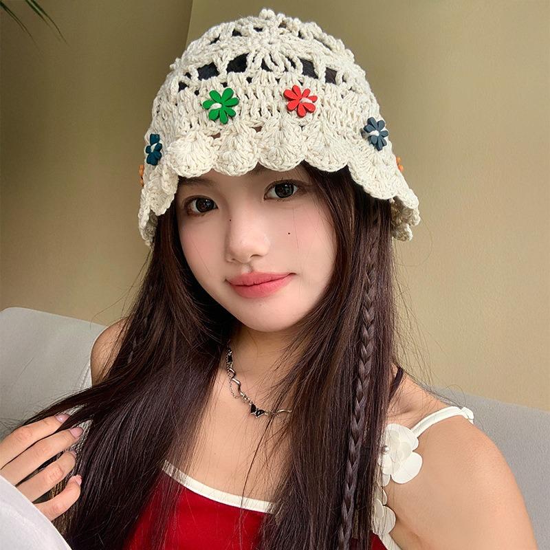 Hand Crocheted Flower Knitted Hat Children's Autumn Face Small Versatile Wool Hat Big Head Circumference Hollow Hat