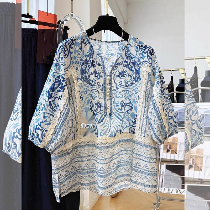 

Spring/Autumn Women s Versatile Age-Reducing Lace Patchwork Half-Open Collar Shirt Top 2XL синий