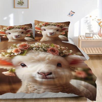 3pc Anime Lamb Floral Crown Bedding Set, Includes One Quilt Cover and Two Pillowcases (No Core), Polyester Fabric, Perfect for Bedroom and G