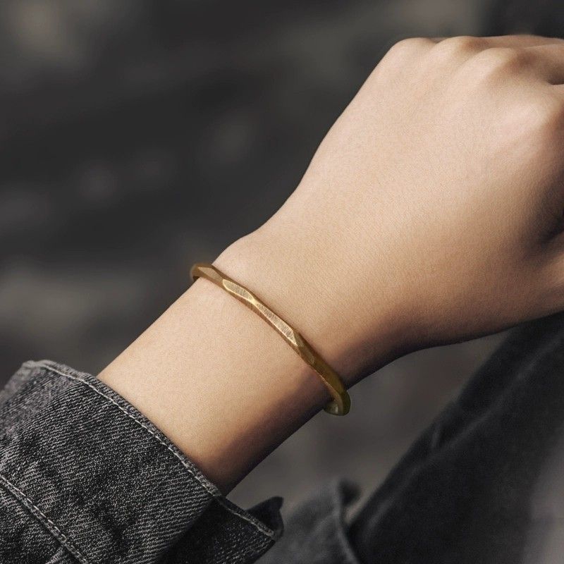 Simple Vintage Brass Bangle for Women Men Handmade Polished Metal Couple Bracelet Minimalist Unisex Retro