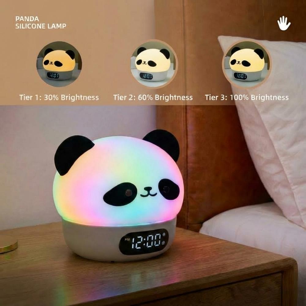 Cute Panda Digital Alarm Clock Kid-Friendly Lamp Rechargeable Colorful Night Light Touch-sensitive for Sleep Help Ideal Gift
