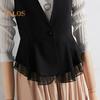 Lady Women Vest Coat Single Button Closure Sleeveless Pleated Ruffle Mesh Patchwork Slim Fit Suit Coat Solid Color Casual Daily Wear Waistcoat