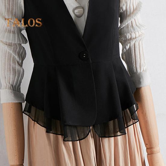 Lady Women Vest Coat Single Button Closure Sleeveless Pleated Ruffle Mesh Patchwork Slim Fit Suit Coat Solid Color Casual Daily Wear Waistcoat