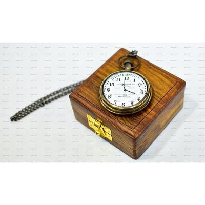 Vintage Antique Look Brass Analog Ship Pocket Watch with Wooden Box (Clear, Brown, 2 Inch)