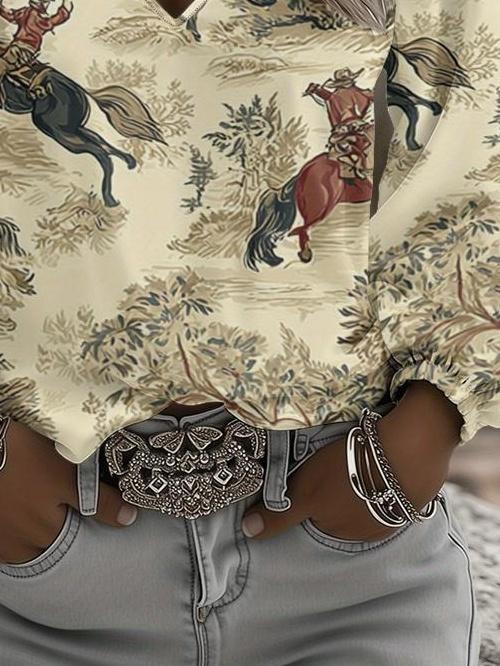Retro ethnic V-neck women's long-sleeved top, lantern sleeve blouse, suitable for ranch party outfits and daily western clothing.