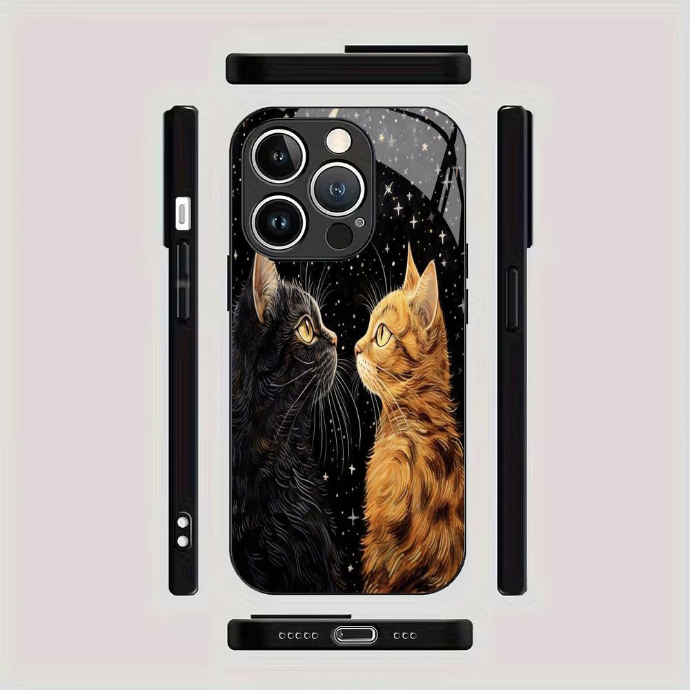 Süße Katze gehärtetes Glas Handyhülle für iPhone 17/16/15/14/13/12/11 Pro Max All-inclusive Anti-Fall und Stoßfest Rückseite