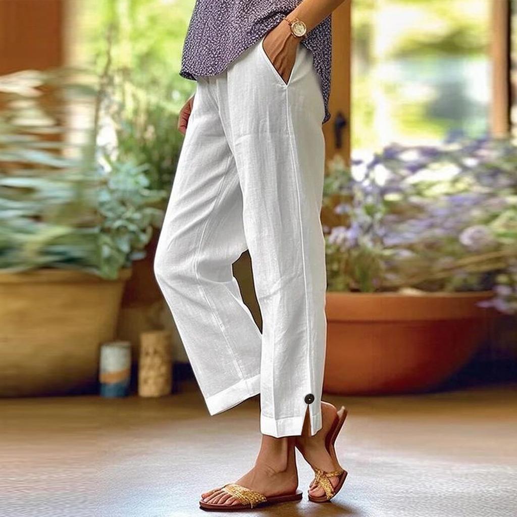 Women's Fashion Solid Color Loose Solid Color Elastic Waist Pocket Straight Leg Casual Cropped Pants
