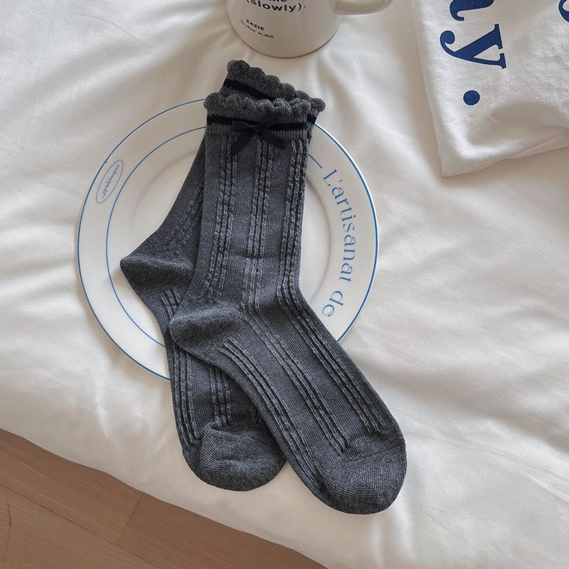 

Balletcore Socks for Schoolgirl Korean Bow Mid-Calf Socks Breathable Cotton Crew Sweet Elegant Socks Fashion Daily Wear One Size темно серый