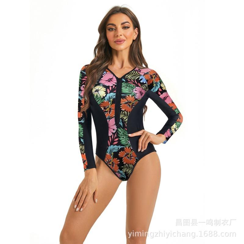Womens Long Sleeve One-Piece Swimsuit With Printed Sporty Fit Swimming Water Activities