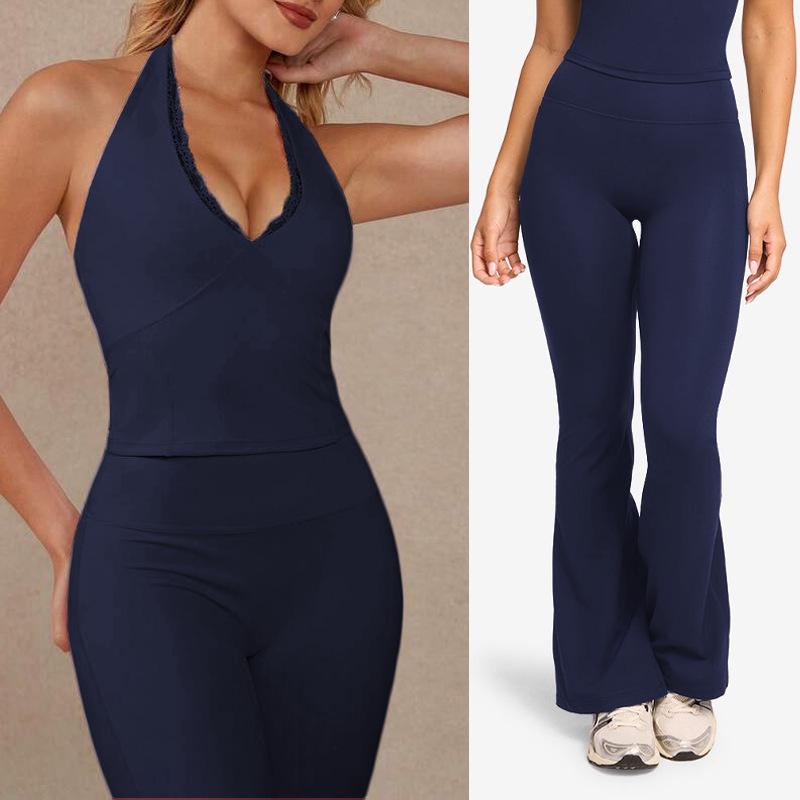 Yoga Pants Set Lace Splicing Neck Top Women's High Waist Flared Pants Running Sports Fitness Set