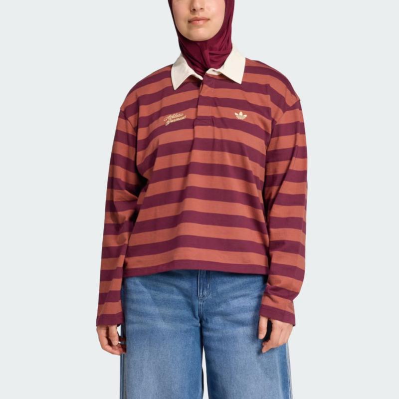 adidas Originals Athl Dept Striped Loose Comfortable Long Sleeve Polo Shirt Women Tops KF2323