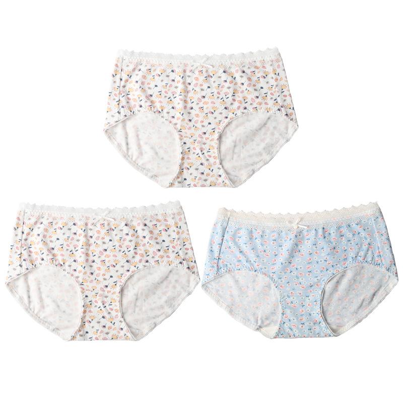 Spodní prádlo třídy A Vysoce elastické antibakteriální kalhotky se středním pasem pro ženy Květinové kalhotky s krajkovým potiskem Pohodlné prodyšné kalhotky