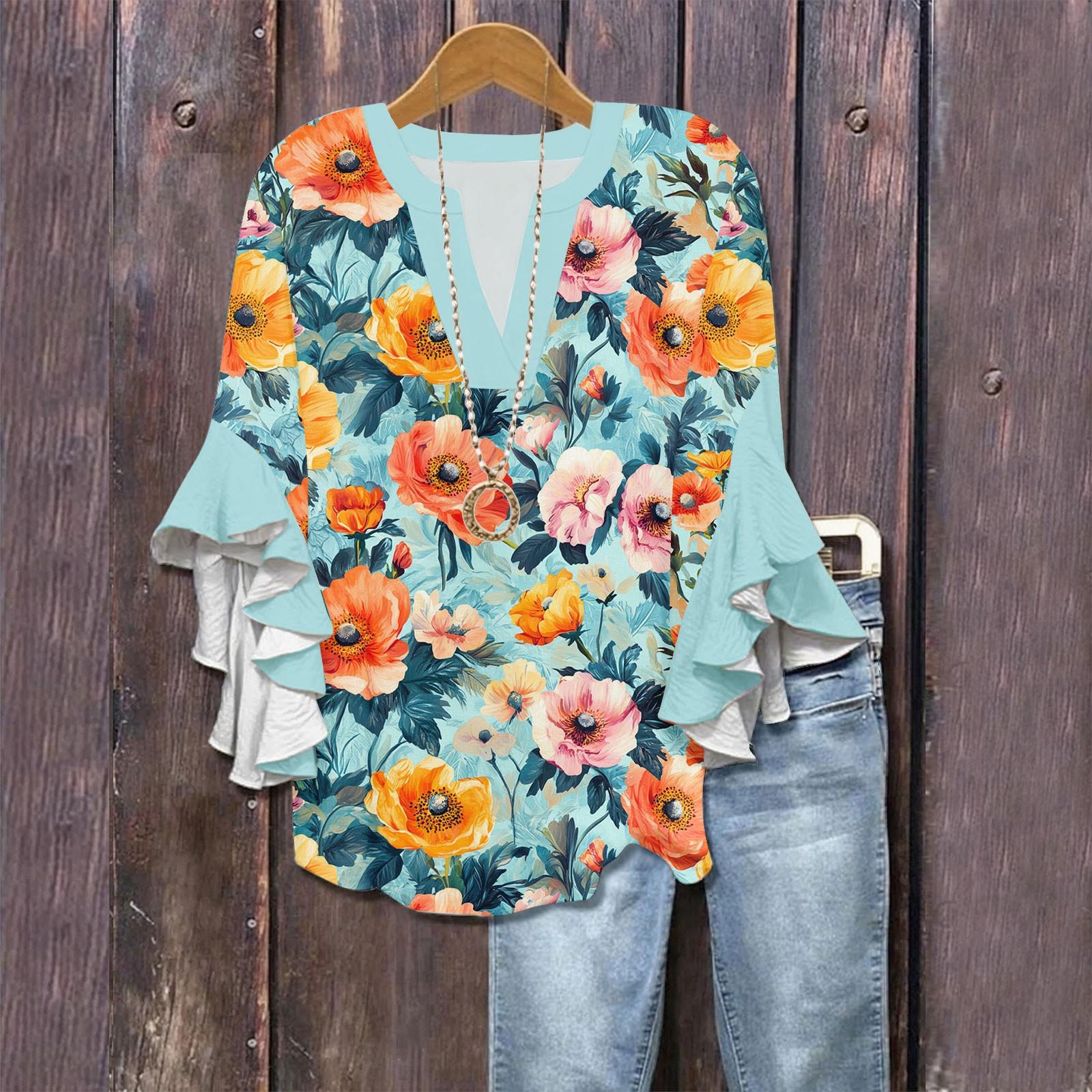 

Сорочки з рукавом 3/4 для жінок Милі футболки з графічним принтом Блузки Повсякденні великих розмірів Базові топи з рукавами-рюшами Пуловер XL небо синє кольору