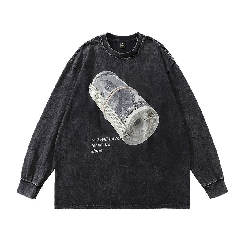 European And American High Street Spoof Print Vintage Hip Hop Retro Wind Wash Water Round Neck Long Sleeve Bottoming T-Shirt Men And Women