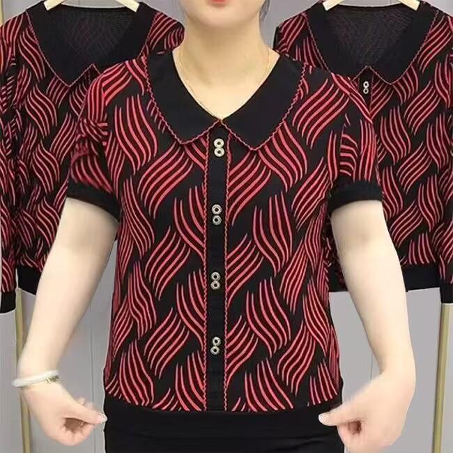 Middle-aged Mothers Spring and Summer New Wavy Doll Collar T-shirt for Women Korean Style Loose Loose Belly Covering Versatile Top