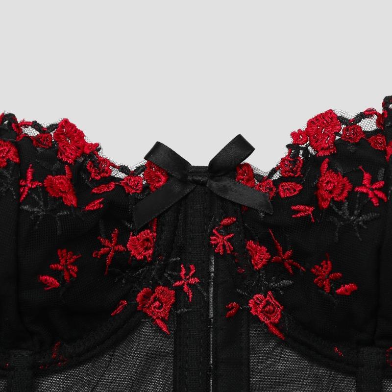 Rotes floral besticktes Korsett-Oberteil mit Schleifen-Trägern