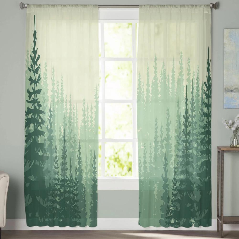 Simple Woods Green Trees Tulle Voile Curtains Bedroom Hotel Home Decor Sheer Curtains for Living Room Chiffon Printed Drapes