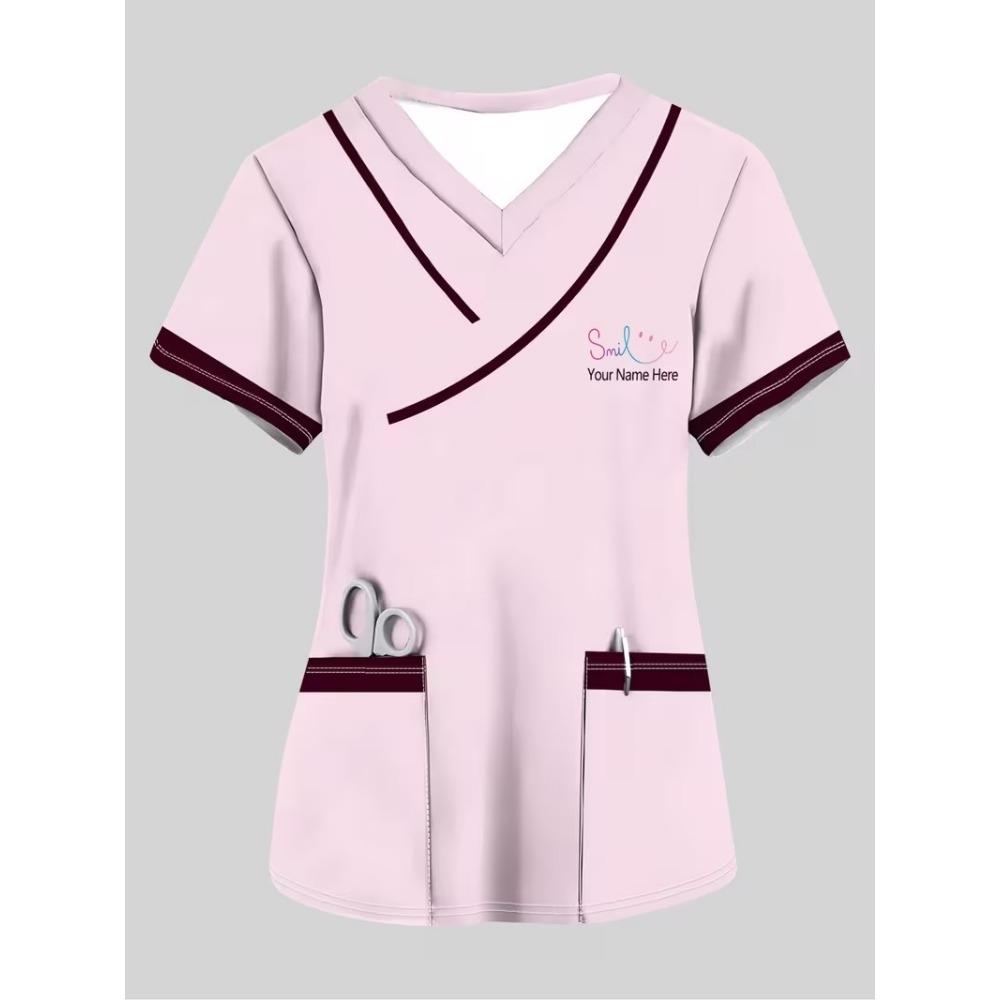Surgical Gown Women's 3D Printed Nurse Top Summer Fashion V-tie Pocket Short Sleeved Women's Medical Gown