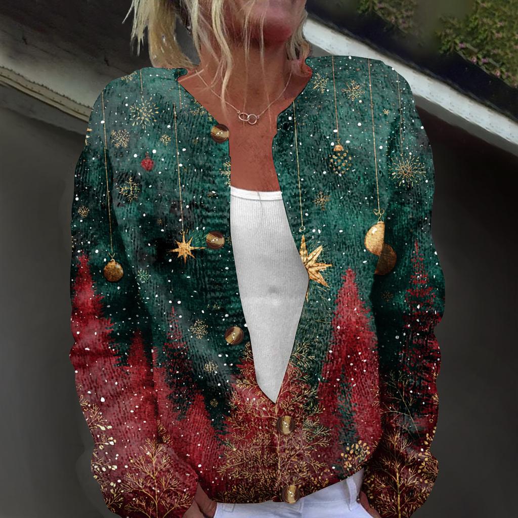 Women's Fashion Christmas Printed Long Sleeve Knitted Cardigan Button Down Jacket