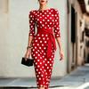 Damen Sommer Rundhals Gepunktetes Bodycon Kleid mit Taillengürtel Figurbetont Dreiviertel Ärmel Eleganter Stil für Büro Party
