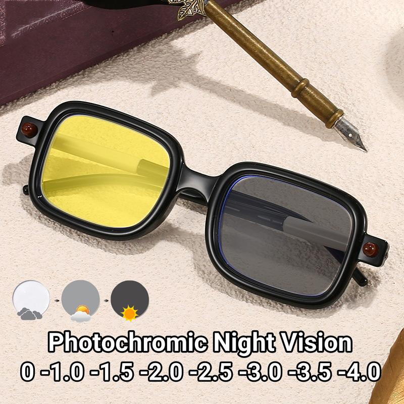 High Quality Vintage Photochromic Near Sight Glasses for Driving Square Black Frame Night Vision Myopia Glasses Eye Protection Eyewear