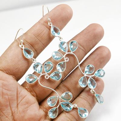 Natuurlijke Blauwe Topaas Lange Oorbellen, Hangende Oorbellen, Handgemaakte Oorbellen, 925 Sterling Zilveren Oorbellen, Multi-steen Bezel Oorbellen