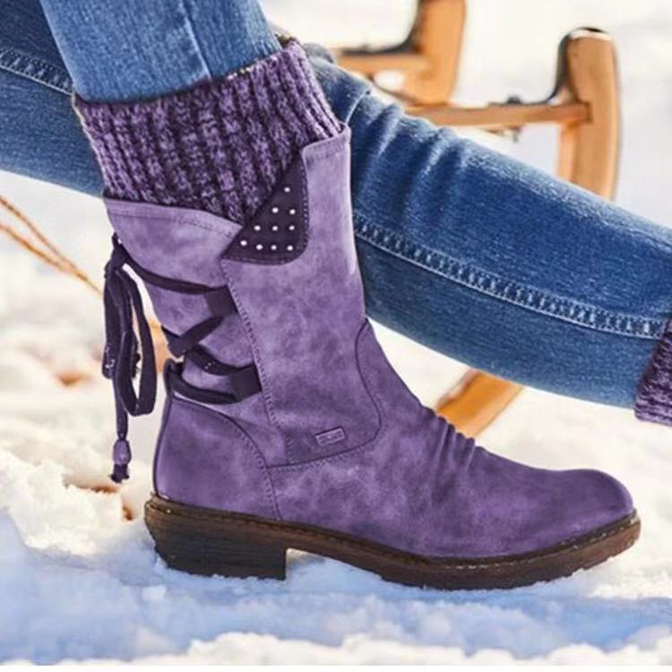 Medium and low tube large size Martin boots women's autumn and winter new square heel strap European and American wool women's boots