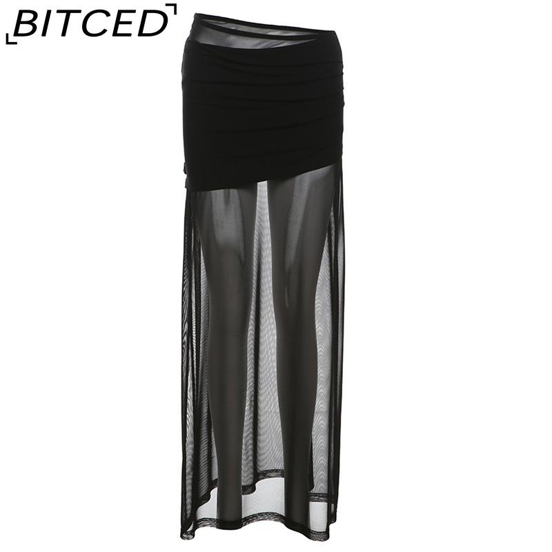 

BITCED Summer Women s Solid-Color Slim-Fit Flattering High-Waisted Mesh Skirt L чёрный