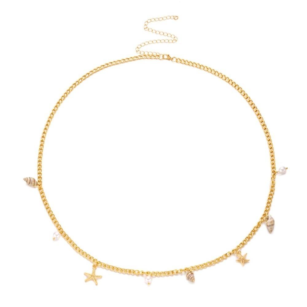Gold Imitation Pearl Body Chain Shell Beads Belly Chain Retro Starfish Waist Chain  Beach