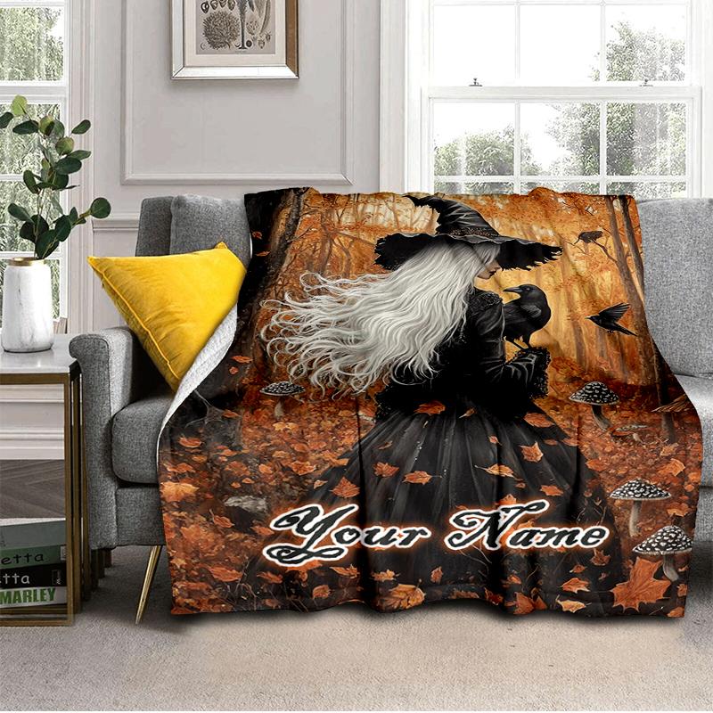 1PC Custom Name Witch Autumn Forest. Flannel Blanket Versatile,all-season Throw Suitable for the Living Room,bedroom,camping,travel,and Gift