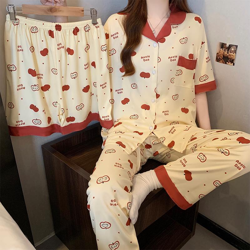 Spring And Summer Pajamas Women'S Summer Cartoon Apple Full Print Short-Sleeved Three-Piece Set Thin Sweet Girl Loungewear