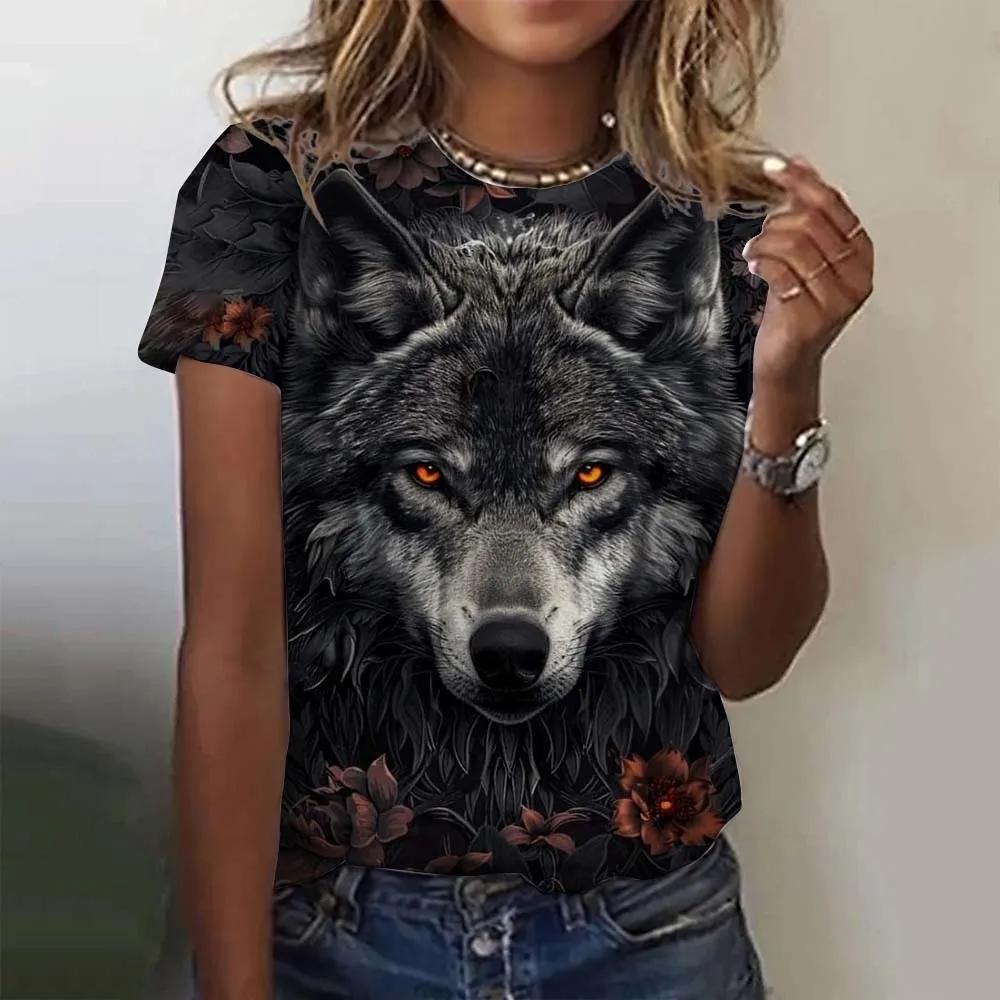Sommer Rundhals 3D Tier Wolf Muster Druck Top Modische Lässige Kurzarm Damen T-Shirts