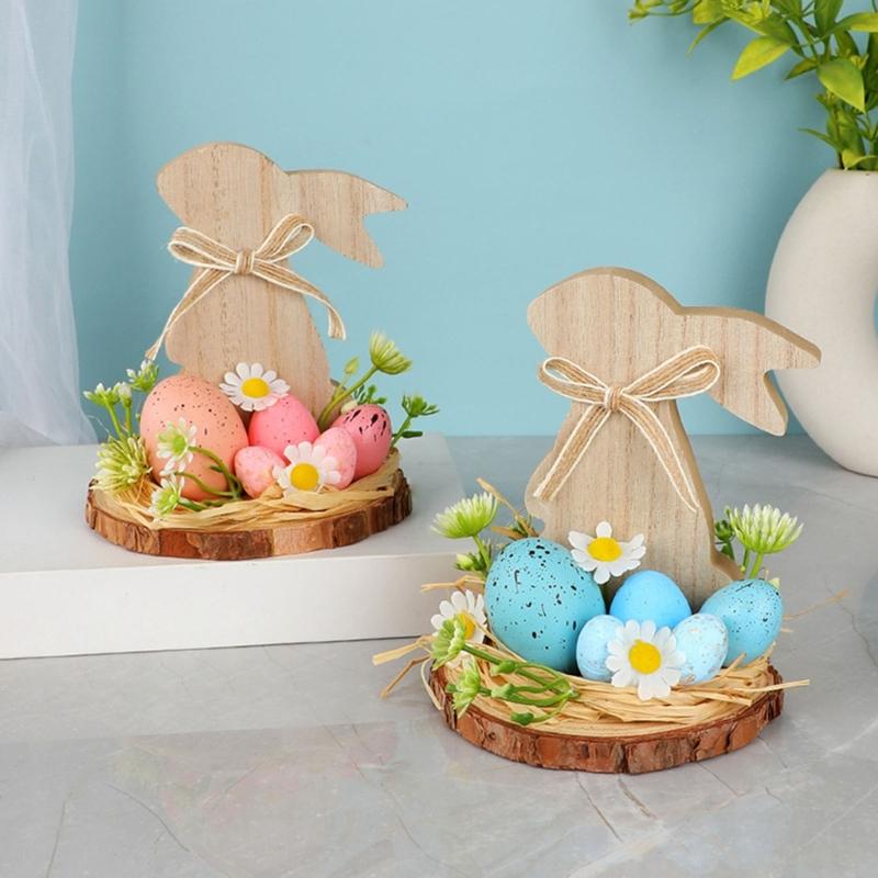 Hand Carved Wood Easter Hare Ornament Wooden Animal Figurine Festival Decoration For Mantels Tabletop Shelf Display