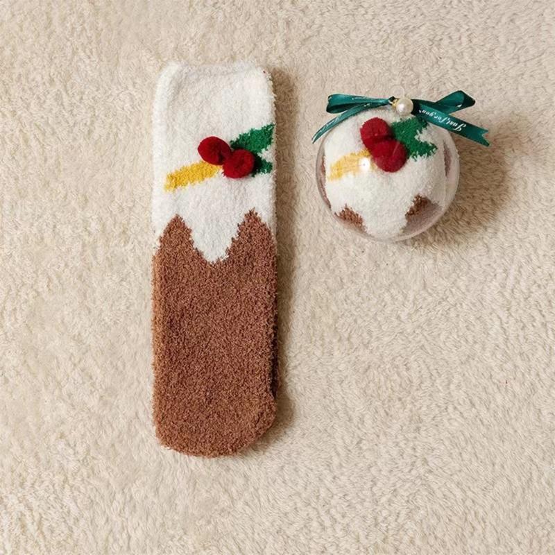 

New Winter Coral Fleece Warm Christmas Slipper Socks with Balls Ornament for Gifting