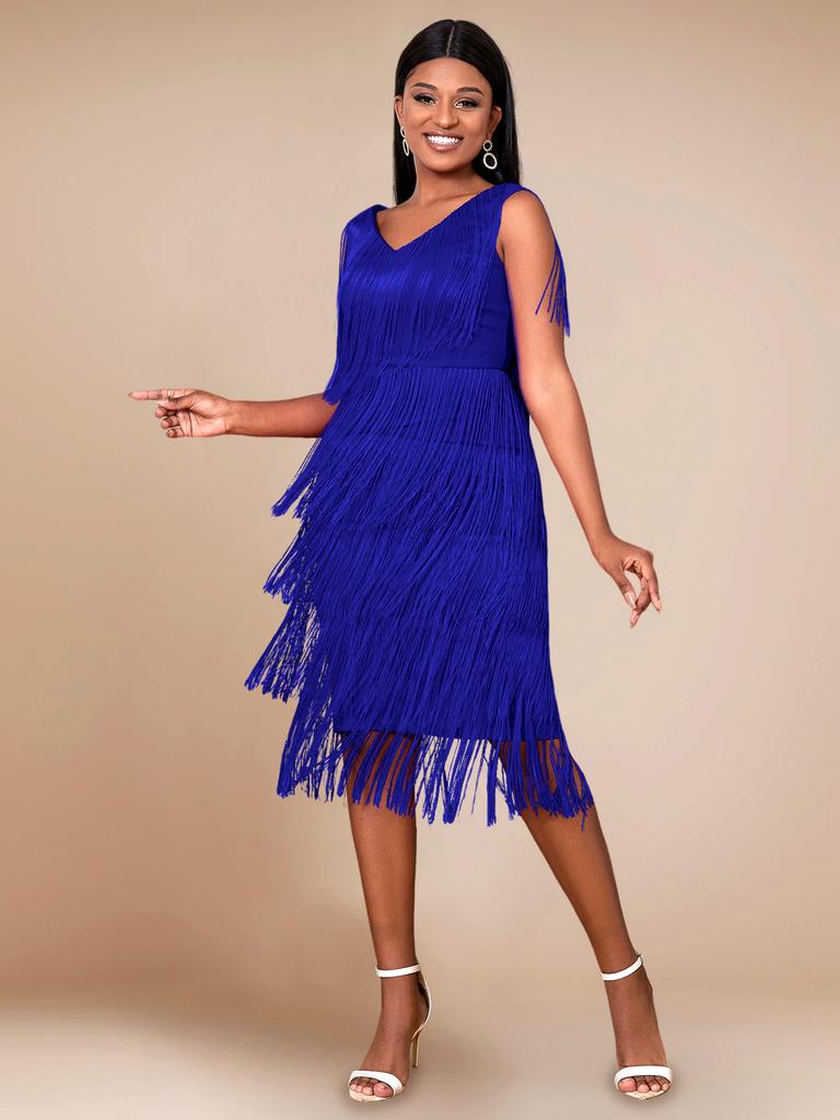 V-neck Fringed High Waist Skirt Elegant Style Banquet Event Dress Partydress