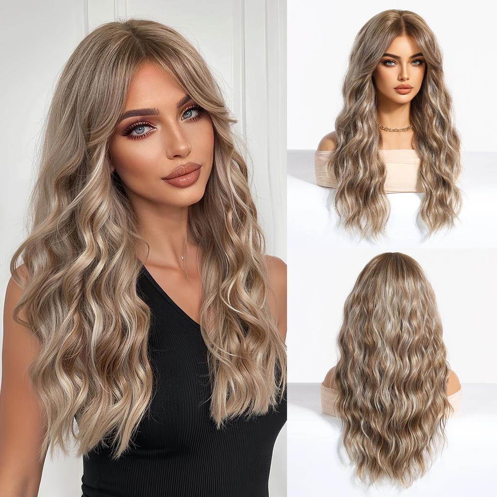 Light Pink Long Wavy Cosplay Synthetic Hair Wigs with Bangs for White Women Afro Lolita Water Wave Halloween Heat Reisitant Wig