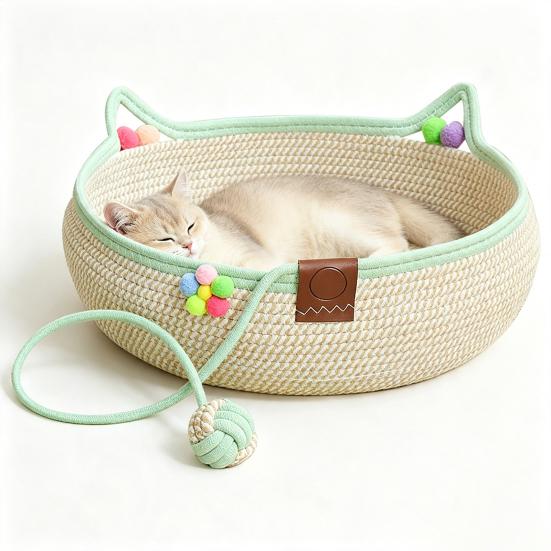 Decorative Pet Sleeping Basket Handwoven Cotton Rope Cat Bed, Scratchable Indoor Basket, Hand Woven Bed for Small Pets Breathable Round