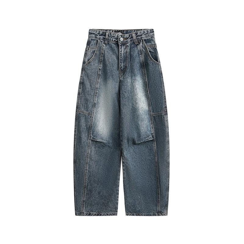 Retro Washed Scimitar Jeans Spring And Autumn Unisex Pants Loose Wide-leg Straight Mopping Trousers