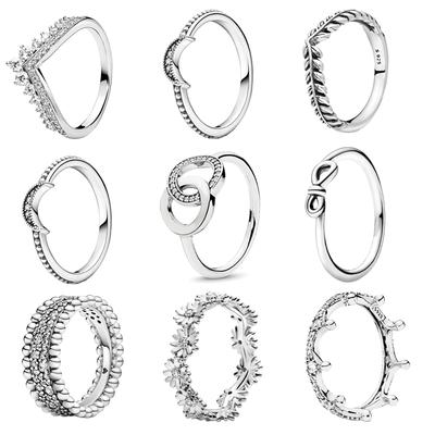 100% 925 Sterling Copper Pantaro Rings Sparkling Zircon Princess Crown Flower Moon Heart Charm Ring Women Girl Fine Zircon Gift