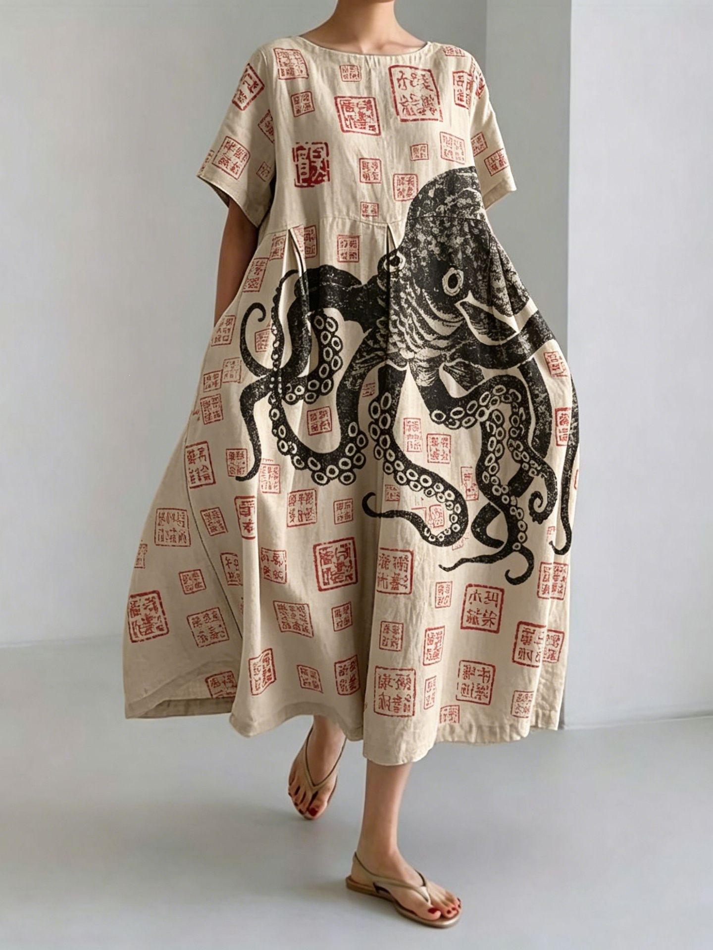 Vintage Octopus Seal Printed Crew Neck Short Sleeve Loose Cotton and Linen Dress S