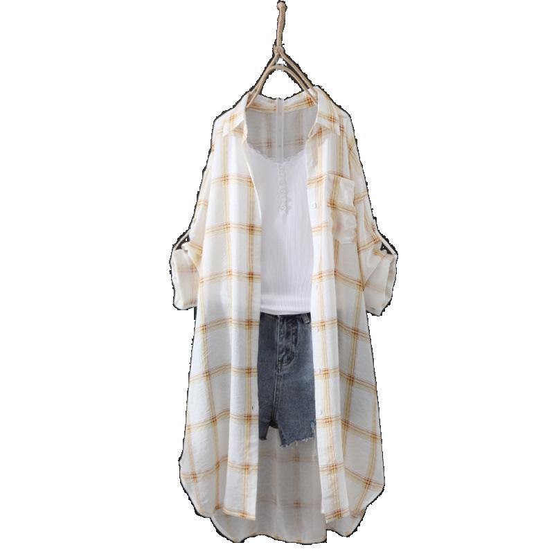 Plaid Shirt Women's Summer 1116 Loose Sunscreen Shirt Medium and Long Hong Kong Style Thin Coat