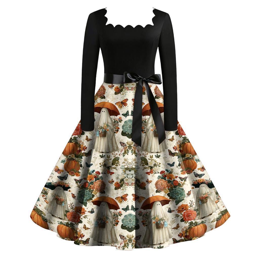 Women's Vintage Long Sleeve Square Neck Halloween Print Party Dress Midi Length Fit and Flare Style with Waist Tie Belt