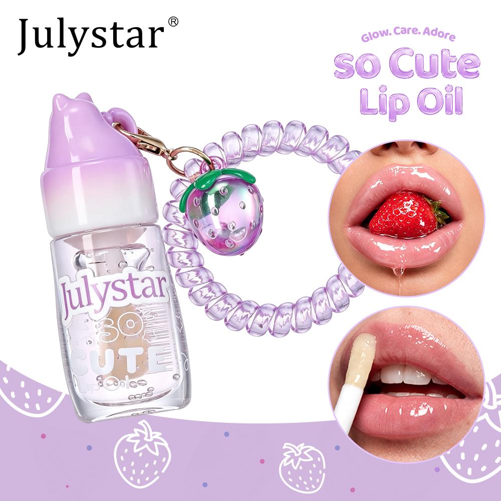 Julystar Cute Strawberry Keychain Lip Oil Moisturizing Clear Glossy Lip Plumper Fruit Flavor Lip Care Lip Gloss with Phone Cord Hair Tie Bag Pendant