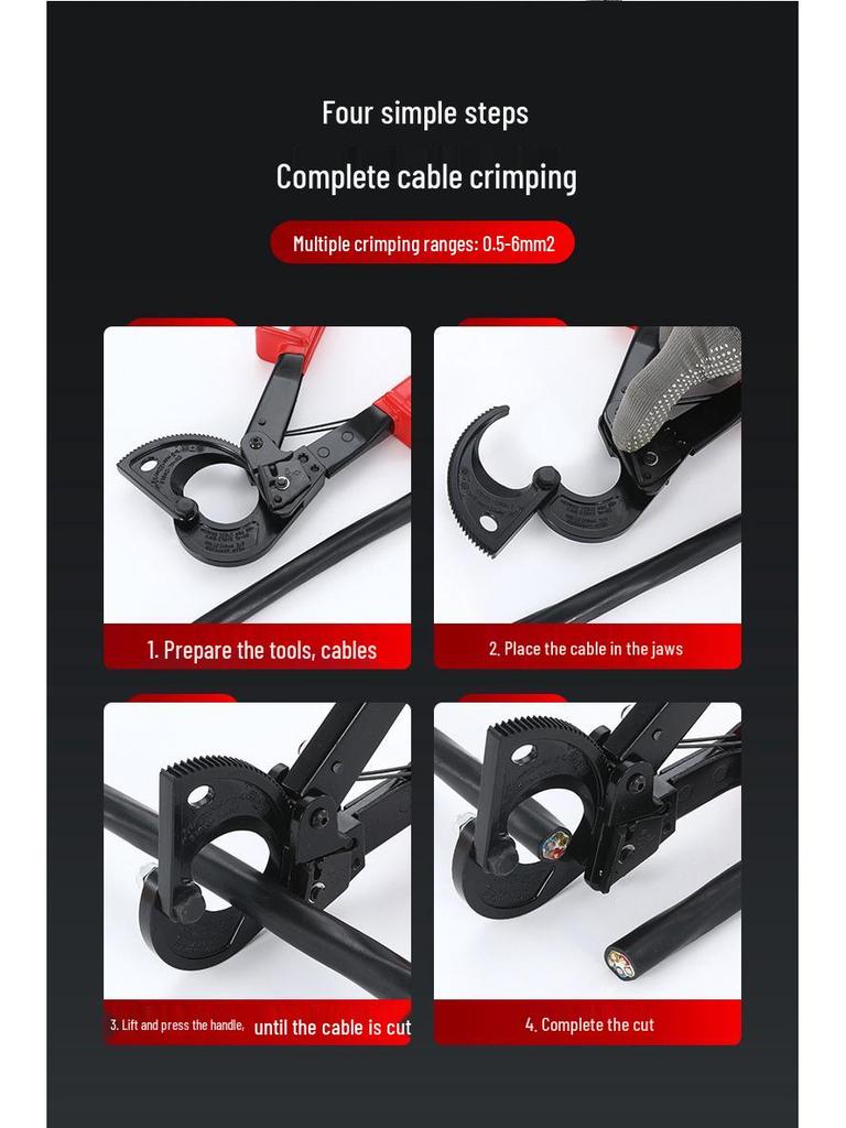 HS-325A Insulated Ratchet Cable Cutter, 260mm - Manual Gear Wire Cutter