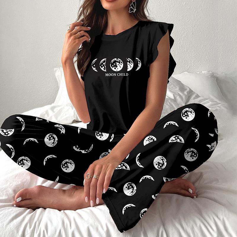 

Летняя пижама женская с графическим принтом, комплект пижамы, топы с коротким рукавом и круглым вырезом, брюки с эластичным поясом, женская черная одежда для сна, домашняя одежда, пижама S