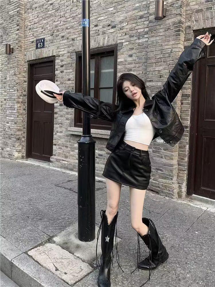 American Spicy Girl PU Leather High-Waisted A-Line Mini Skirt - Slimming, Sexy, Autumn/Winter Hip-Hugging Style for Women